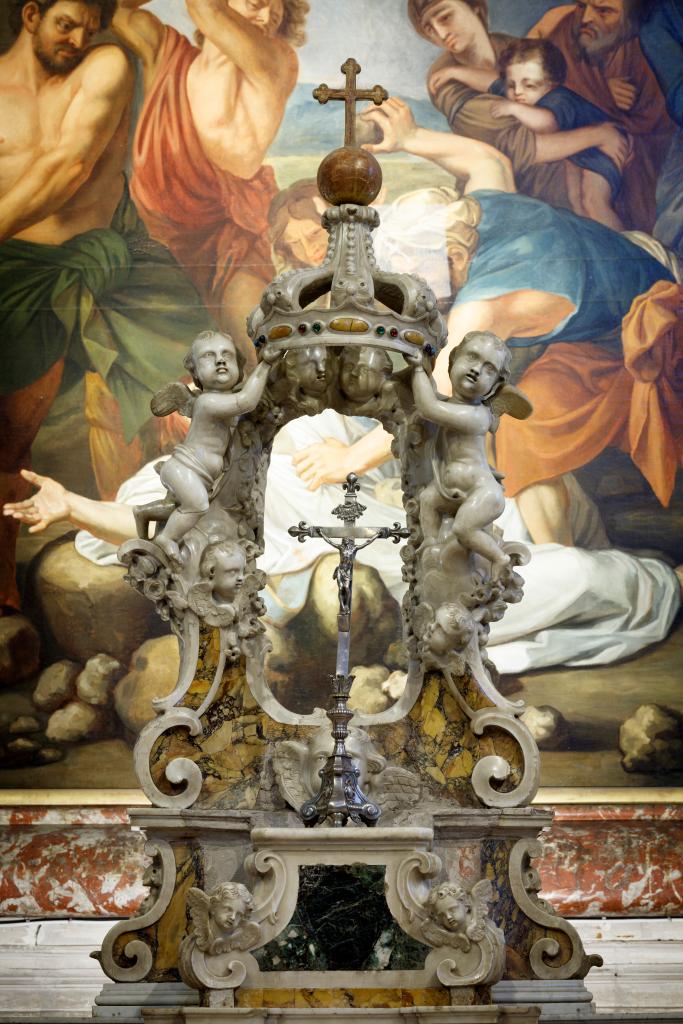 autel, retable (maître-autel), avec deux statues de saint Etienne et de saint Laurent