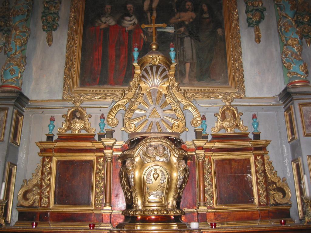 ensemble du maître-autel (autel, tabernacle, retable et tableaux de La Crucifixion et saint Jean-Baptiste)