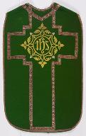 Chasuble verte avec étole, manipule et bourse de corporal