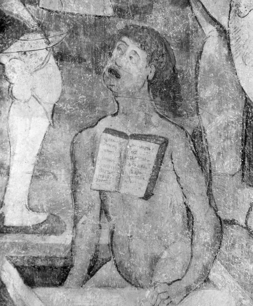 peintures monumentales de la chapelle Saint-Gausbert : Annonciation, saint Sébastien, Jugement dernier, Docteurs de l'église latine