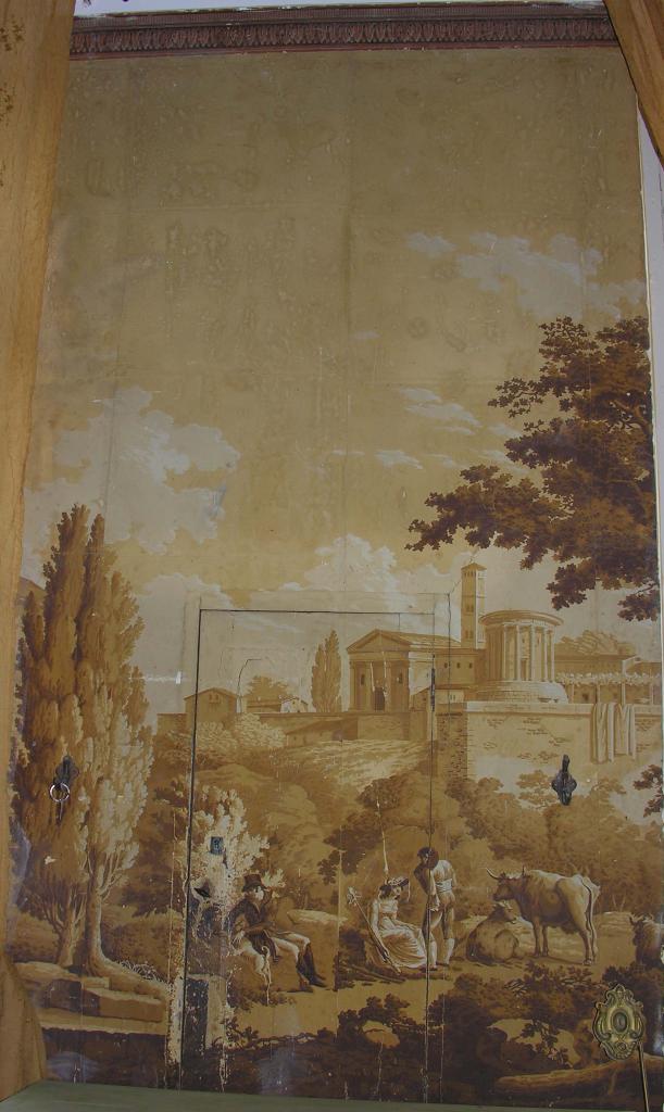 garniture architecturale : papier peint panoramique (""Campagne romaine"").
