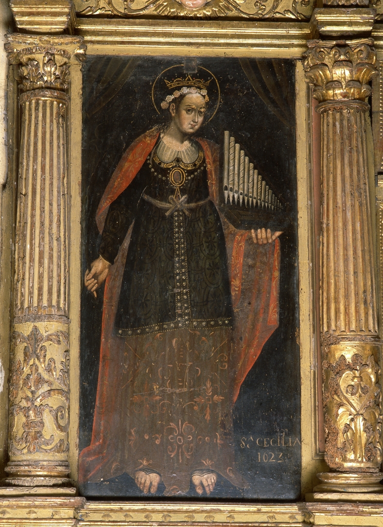 ensemble de 5 tableaux (retable de sainte Agnès et de sainte Cécile) : Sainte Cécile, Sainte Agnès, Annonciation, Résurrection du Christ