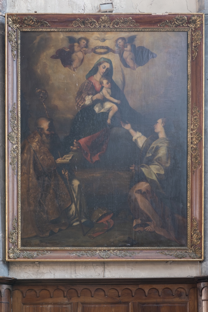 tableau: La Vierge et l'Enfant entre saint Julien et saint Nicolas de Myre.