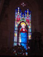 ensemble de 4 verrières décoratives (baies 1, 2, 5 et 6) et de 3 verrières à personnage (baies 0, 3 et 4) : Notre Dame, sainte Philomène, sainte Germaine de Pibrac