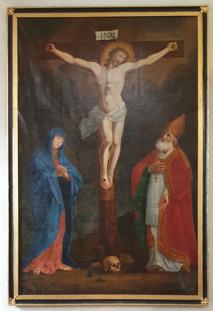 tableau : Crucifixion entre la Vierge et un évêque