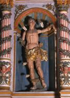 six statues d'applique : saint Sébastien, saint Paul, saint Laurent, sainte Thérèse, saint Augustin, Dieu le Père