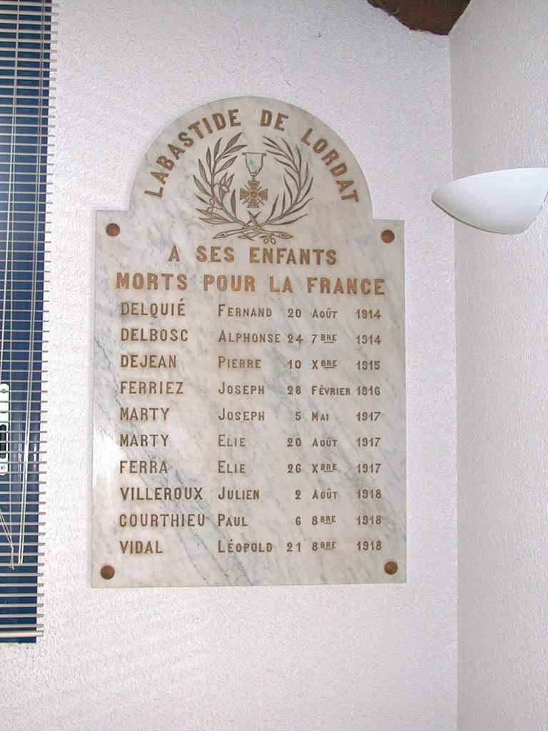 monument aux morts (plaque commémorative) de la guerre de 1914-1918