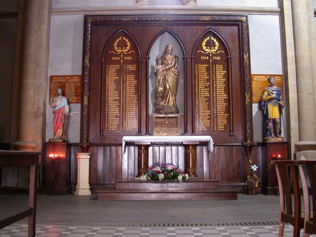 monument aux morts de la guerre de 1914-1918, de la guerre de 1939-1945, de la guerre de 1945-1954 et de la guerre de 1954-1962 et trois statues, Vierge à l'Enfant (figure grandeur naturelle), saint Girons et saint Jude (petites natures)