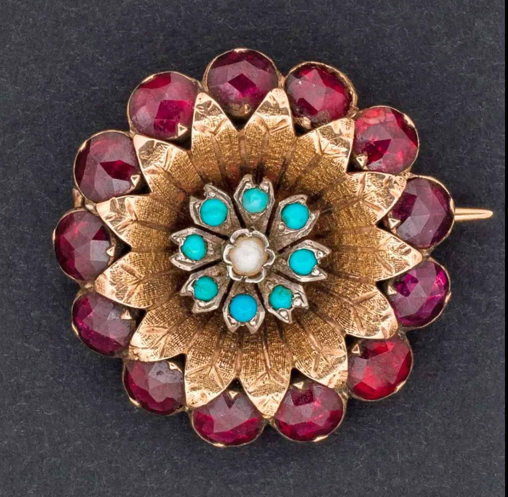 Broche rosace grenats et turquoises