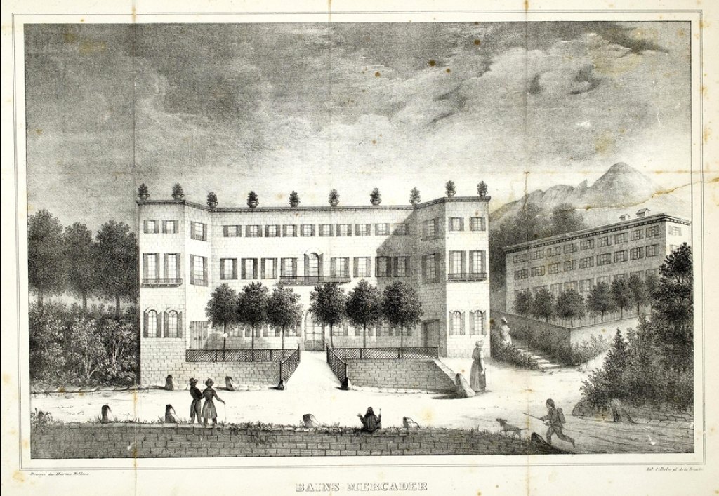 Bains Mercader, lithographie de Hureau Nolleau autour de 1840 (Médiathèque de Perpignan NUM Es R 456).