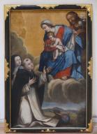 tableau et son cadre : Remise du rosaire par la Vierge à l'Enfant à saint Dominique et sainte Catherine de Sienne