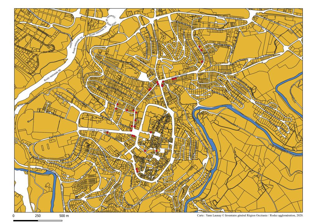Fig. 9 : Carte de localisation des boutiques situées aux rez-de-chaussée des édifices étudiés.