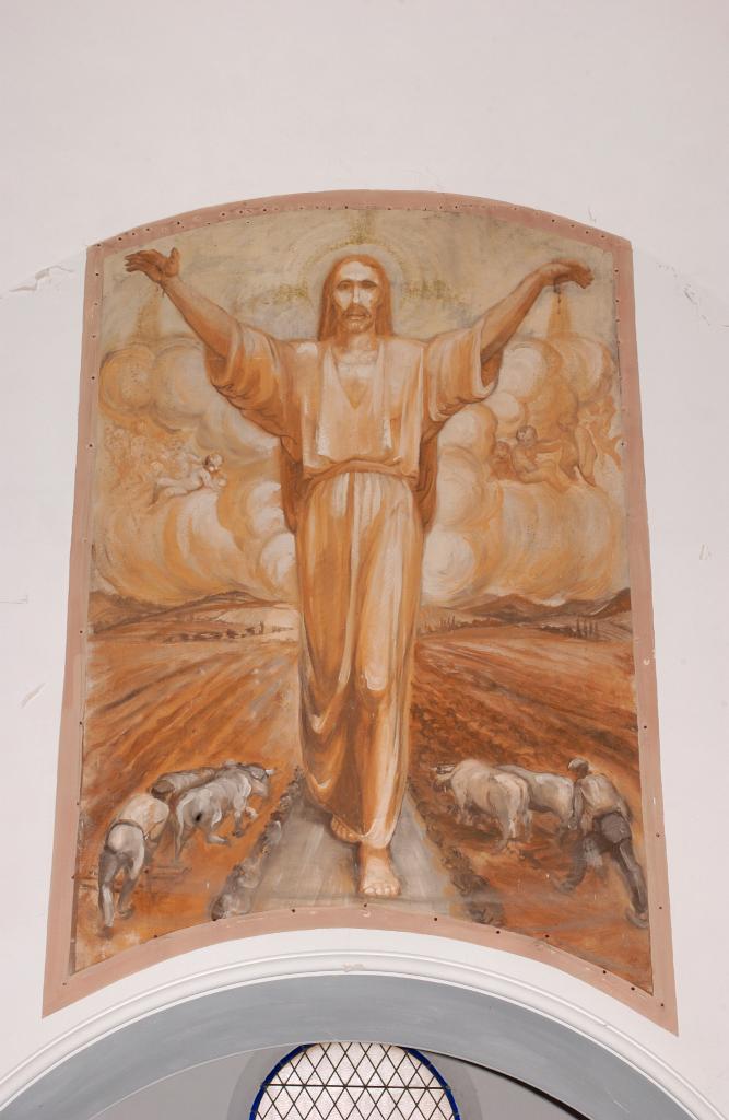 paire de 2 tableaux (toile marouflée) formant pendant : Christ protégeant les labours, Offrande des moissons à la Vierge à l'Enfant dite La Vierge des Moissons