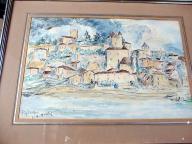 dessin et son cadre : Vue de la ville de Puy-l'Evêque (Lot)