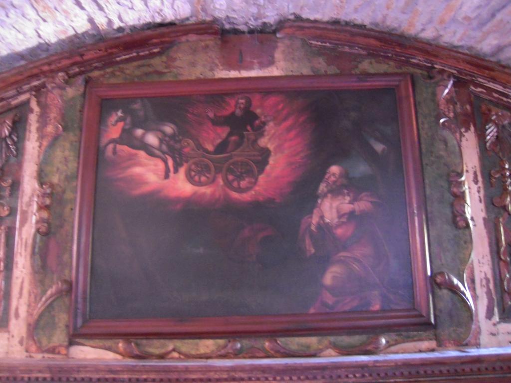 cheminée, avec tableau d'Elie sur son chariot de feu