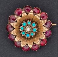 Broche rosace grenats et turquoises