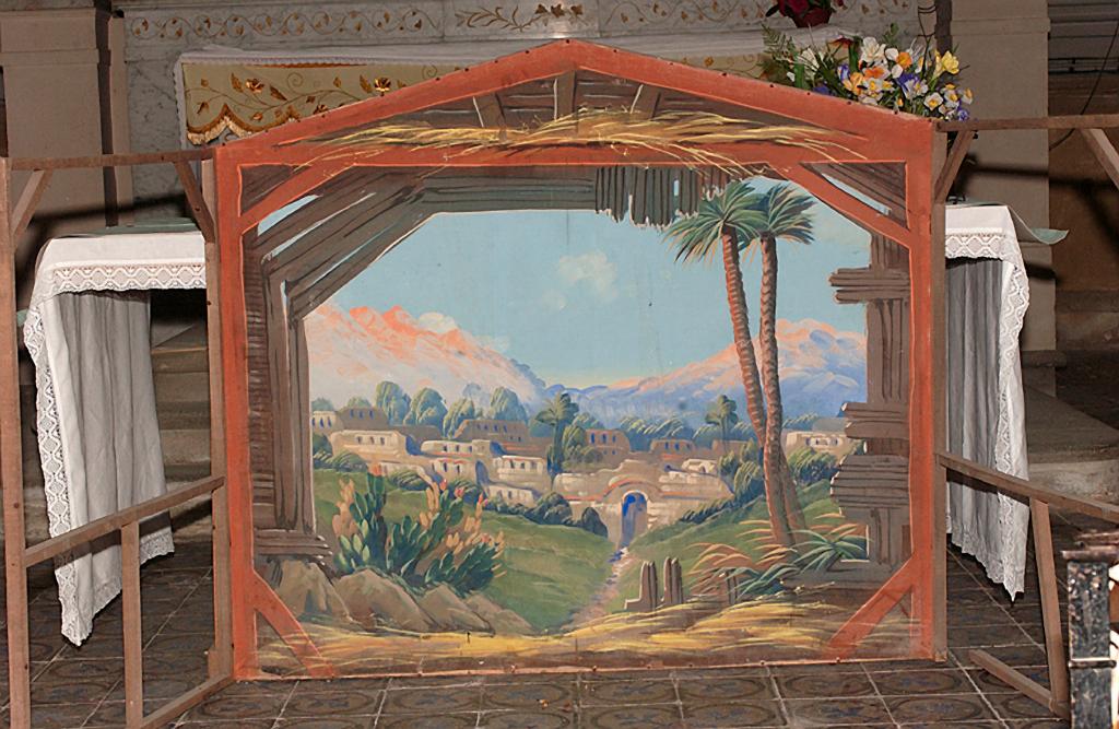 peinture (décor de crèche en trompe-l'oeil) : Vue du village de Bethléem