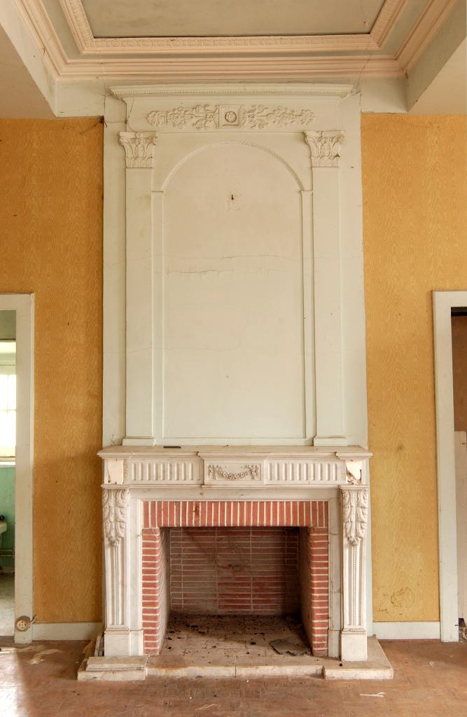 cheminée de la chambre du 1er étage, style néo-classique : cheminée, trumeau de cheminée et manteau de cheminée : Rinceaux d'acanthe