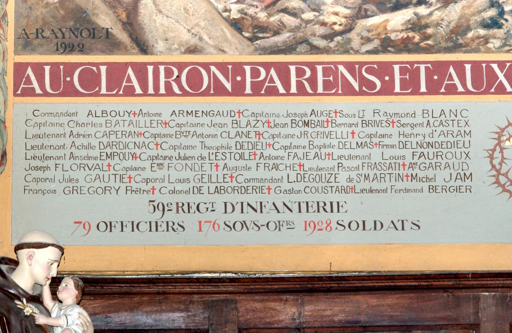 monument aux morts de la guerre de 1914-1918 (paire de tableaux, toile marouflée) : Au clairon Parens et aux braves du 59e régiment d'infanterie, Aux enfants de la paroisse morts pour la France.