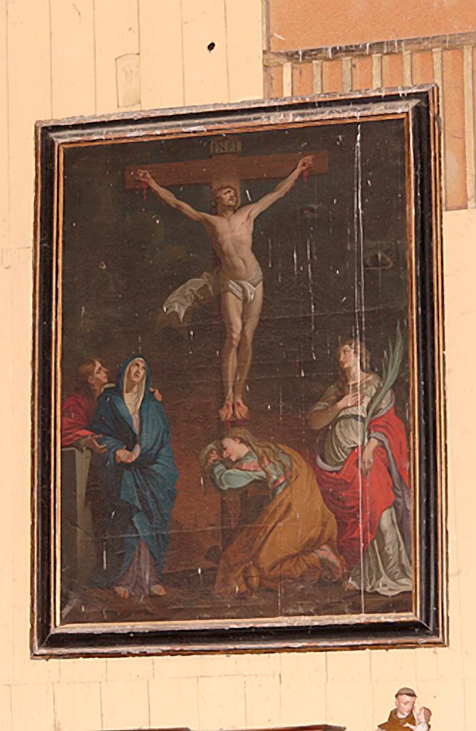 tableau d'autel et son cadre : Calvaire avec sainte Marie-Madeleine au pied de la croix et sainte Colombe de Sens