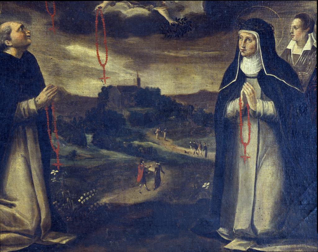 tableau : Apparition de la Vierge du Rosaire à saint Dominique et sainte Catherine de Sienne