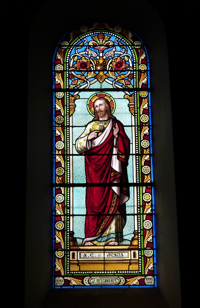 ensemble de 4 verrières à personnages (baies 0, 2 à 6) : Saint Martial en buste, Christ du Sacré-Coeur, Saint Louis portant la couronne d'épines et Saint Antoine de Padoue et l'Enfant Jésus