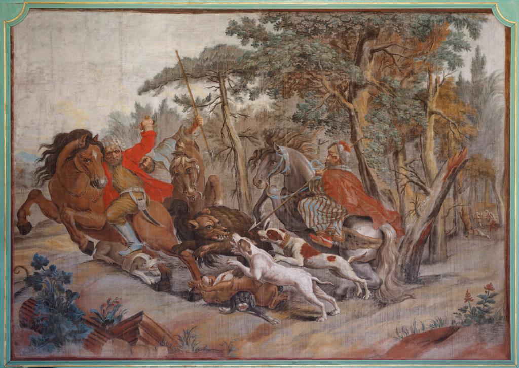 Ensemble de 6 toiles maroufflées : scènes de chasse