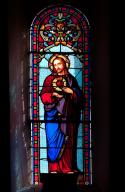 ensemble de 3 verrières à personnages et figurées (baies 0 à 6) : Christ du Sacré-Coeur, Immaculée Conception en buste, Saint Joseph en buste, et de 4 verrières ornementales