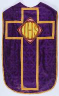 Chasuble violette réversible rouge avec étole, manipule et voile de calice