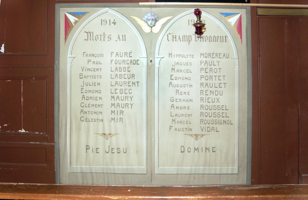 ensemble du monument aux morts de la guerre de 1914-1918 et de la guerre de 1939-1945, de la peinture monumentale, d'un tableau ""l'Agonie du Christ"", des deux tableaux commémoratifs et des deux plaques commémoratives.