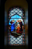 ensemble de 5 verrières à personnages et figurées (baies 0 à 2, 4 et 6) : Apparition du Christ du Sacré-Coeur à saint Amadour, Baptême du Christ, Remise des clés à saint Pierre, Miracle de sainte Germaine de Pibrac, Immaculée Conception dite Notre-Dame de Lourdes