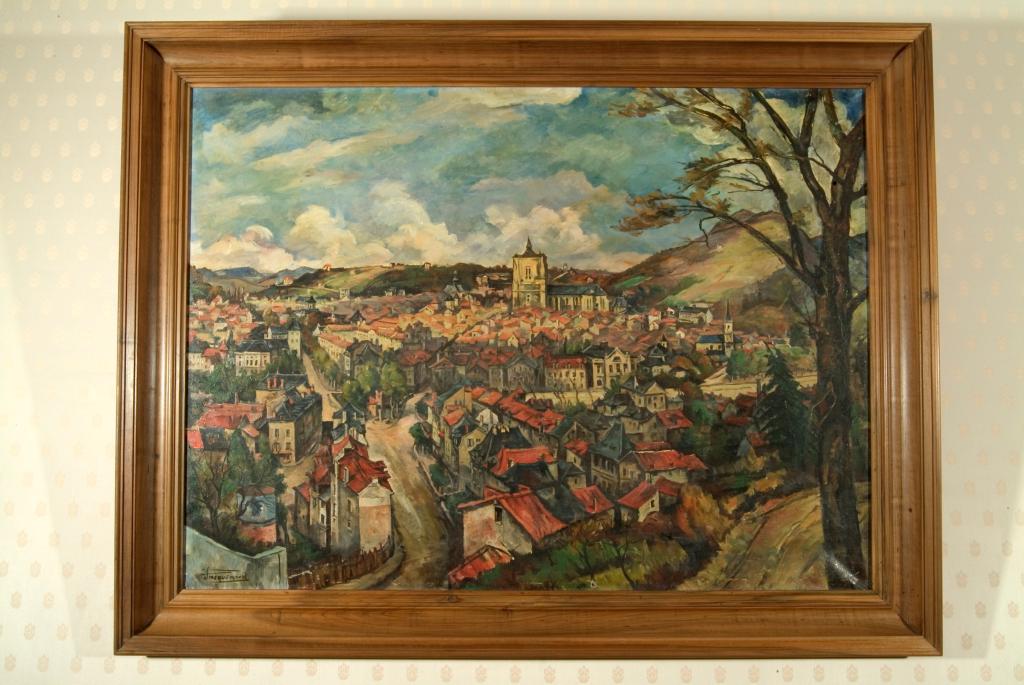 tableau et son cadre : Vue panoramique de Villefranche-de-Rouergue et du faubourg du Pont