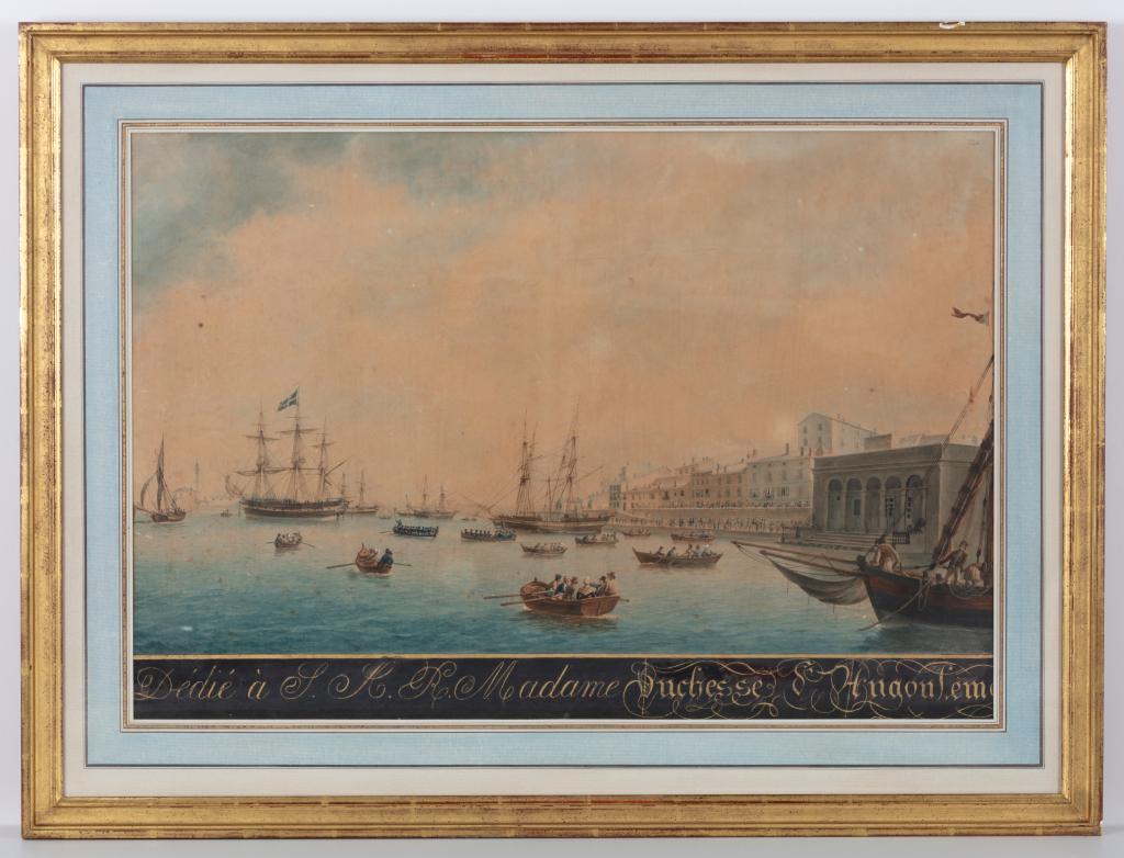 aquarelle gouachée : port de Sète, dédicacé à la duchesse d'Angoulême.