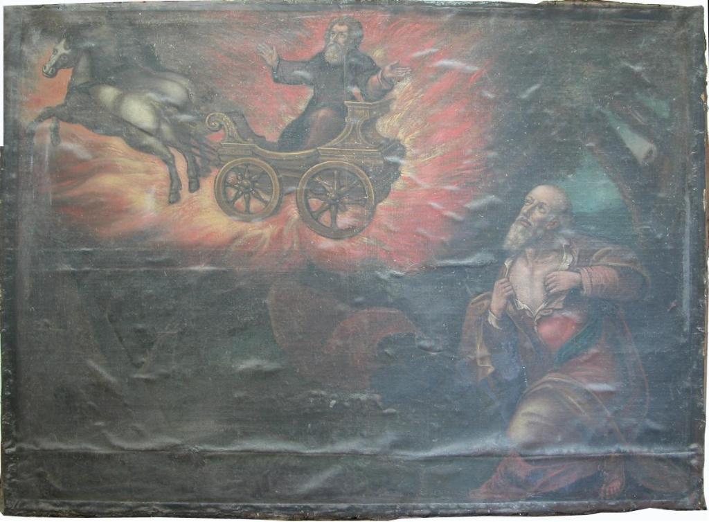 cheminée, avec tableau d'Elie sur son chariot de feu