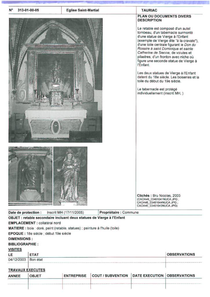 ensemble de l'autel secondaire dédié à la Vierge : autel tombeau, retable architecturé à ailes, 2 statues : Vierge à l'Enfant, et tableau : Le don du rosaire à saint Dominique et sainte Catherine
