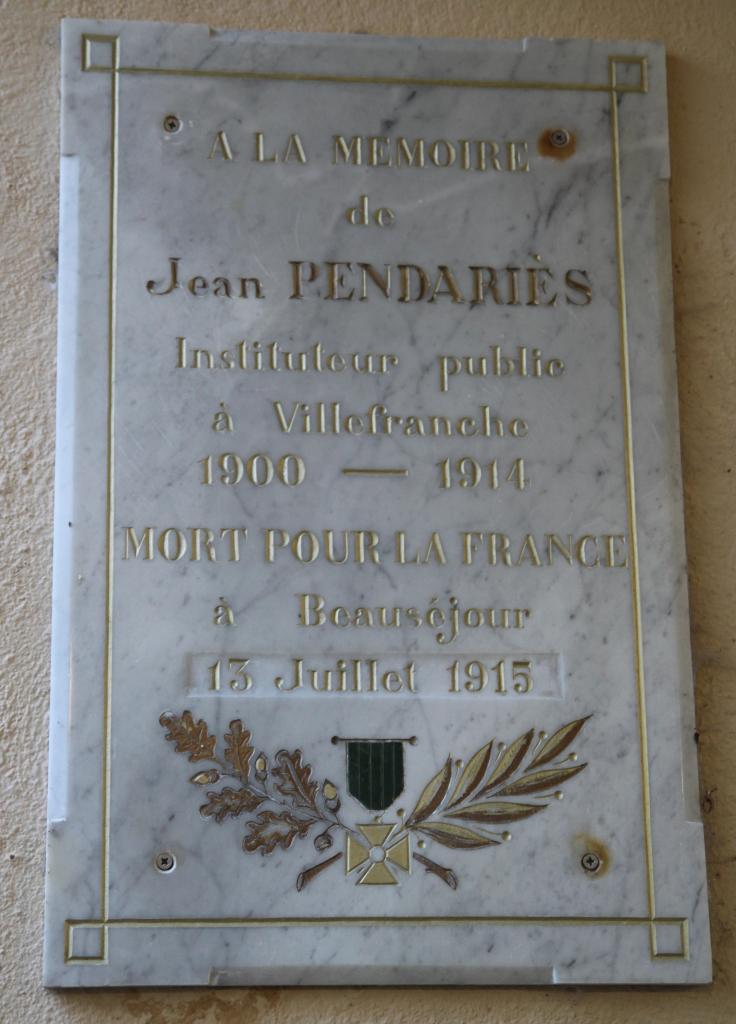 plaque commémorative à la mémoire de Jean Pendariès