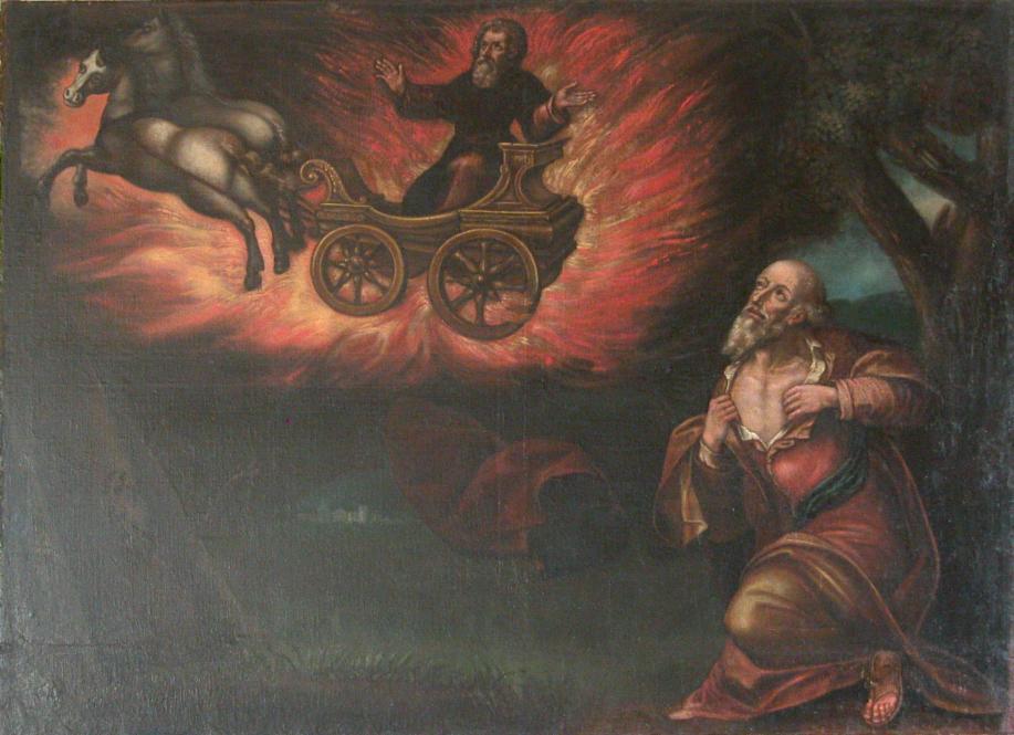 cheminée, avec tableau d'Elie sur son chariot de feu