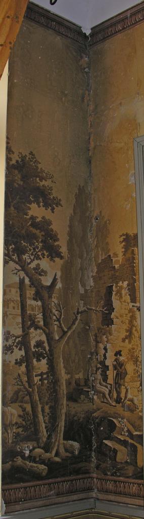 garniture architecturale : papier peint panoramique (""Campagne romaine"").