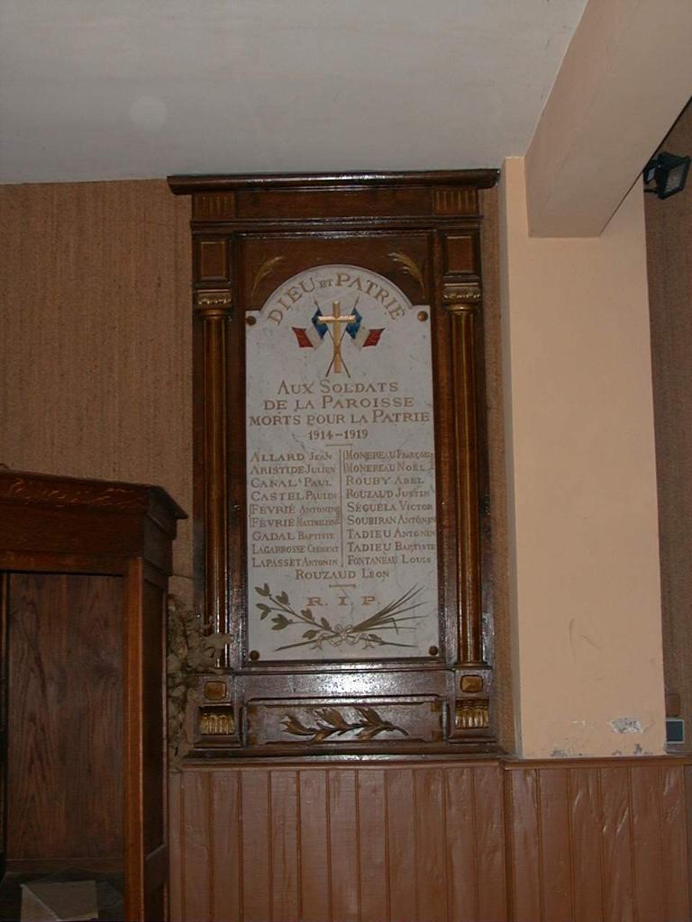 tableau commémoratif des morts (plaque commémorative) de la guerre de 1914-1919 et son cadre