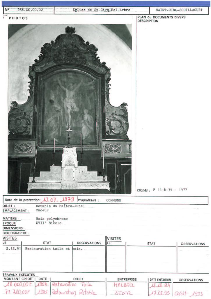 ensemble du retable du maître-autel, lambris de demi-revêtement, tableau et son cadre : la Crucifixion