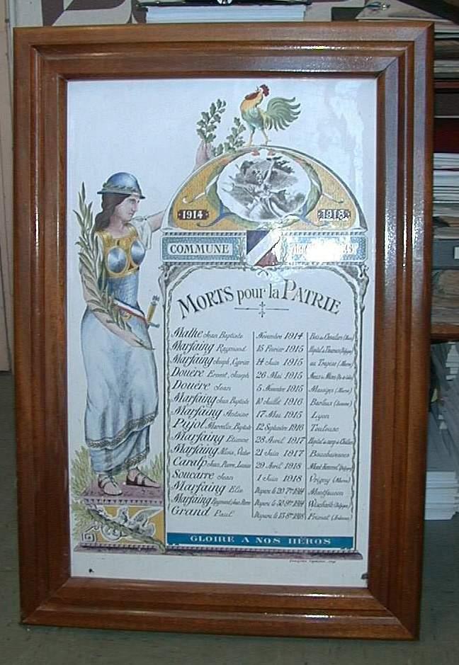 tableau commémoratif des morts de la guerre de 1914-1918, plaque émaillée et son cadre
