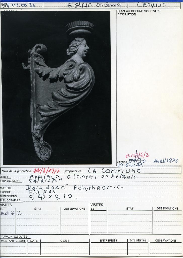 bras de lumière n°1 (élément de retable)