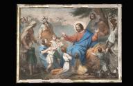estampe (image de piété) et son cadre : Jésus bénissant les enfants dit Laissez-venir à Moi les enfants