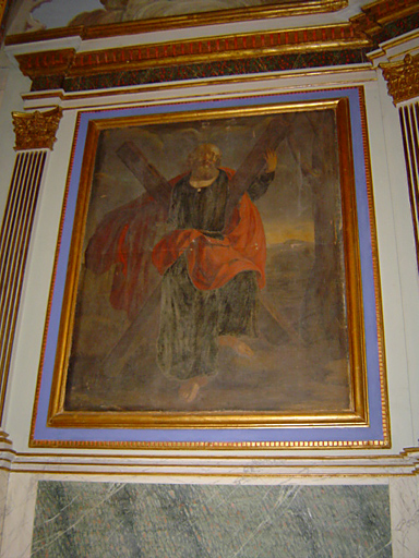ensemble des 3 tableaux du retable du maître-autel et de leurs cadres : Calvaire, Saint André, Saint Cloud
