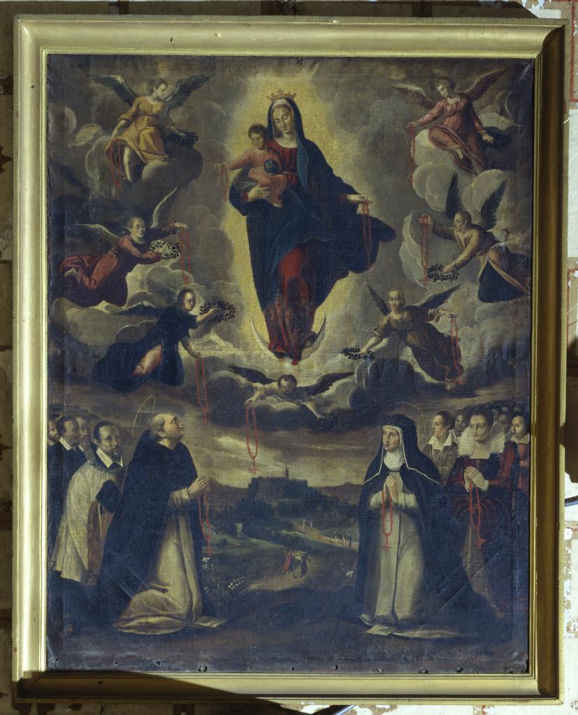 tableau : Apparition de la Vierge du Rosaire à saint Dominique et sainte Catherine de Sienne