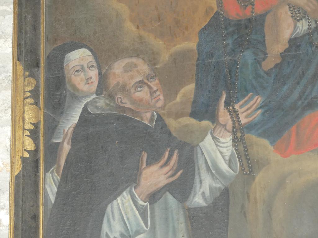 tableau et son cadre : Remise du rosaire par la Vierge à l'Enfant à saint Dominique et sainte Catherine de Sienne