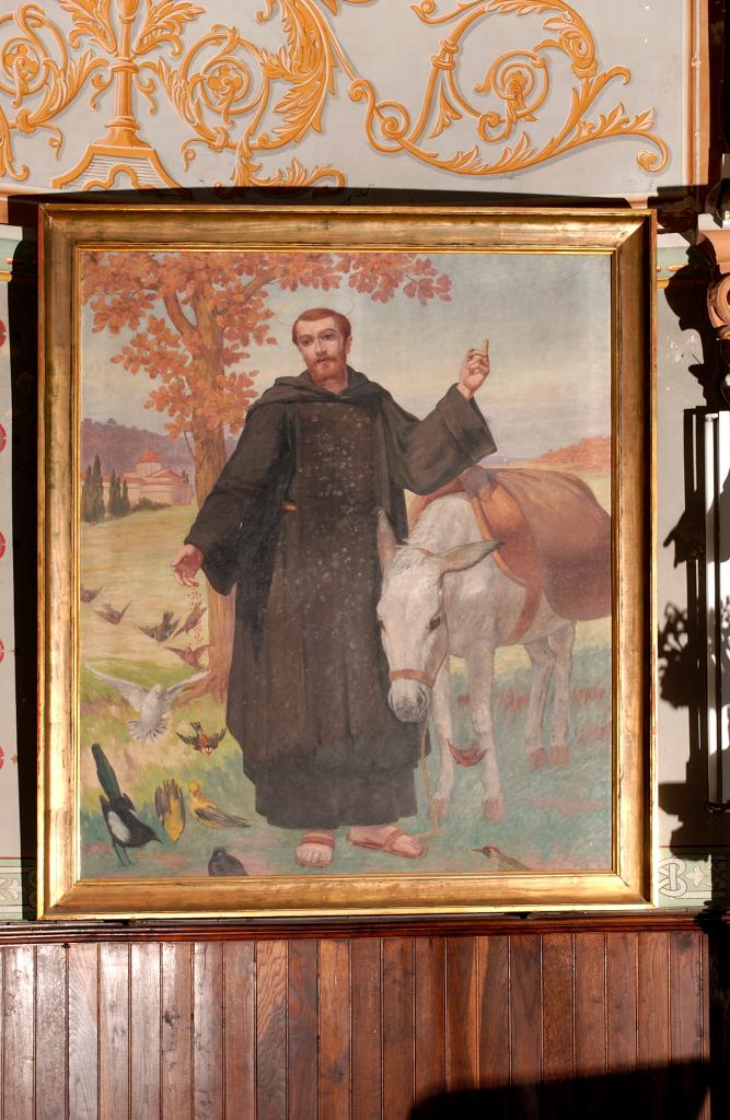 tableau et son cadre : Saint Arnier en ermite prêchant aux oiseaux en compagnie de son âne