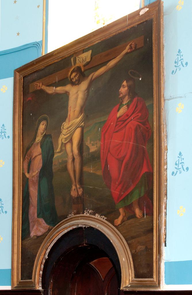tableau d'autel et son cadre : Le Christ en croix entre la Vierge et saint Jean dit Le Christ en croix