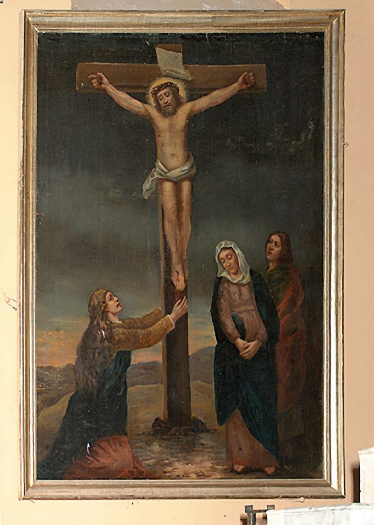 tableau d'autel et son cadre : Le Calvaire, avec sainte Marie-Madeleine au pied de la croix