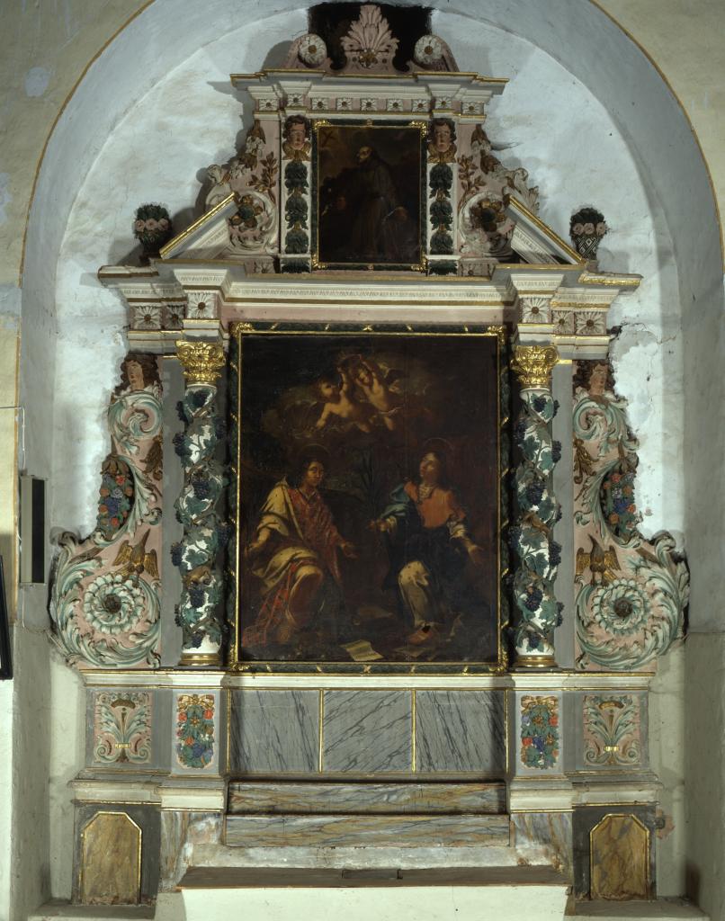 retable de saint Côme et saint Damien, statues, 2 tableaux : saints Côme et Damien en pière, saint François-d'Assise